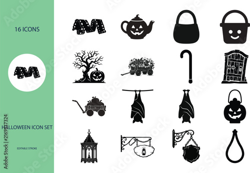 Halloween icon set featuring pumpkins bats and cauldrons in black silhouettes