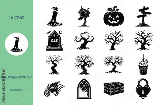 Halloween icon set featuring lighthouse tombstone and spooky trees in black