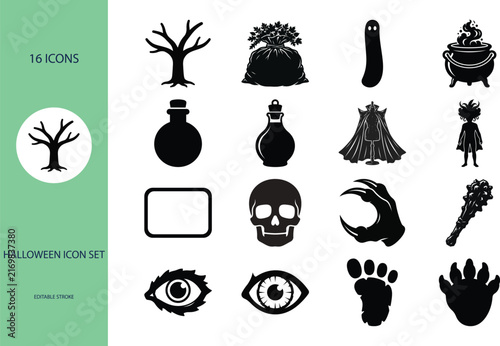 Halloween icon set featuring spooky elements in a flat black style