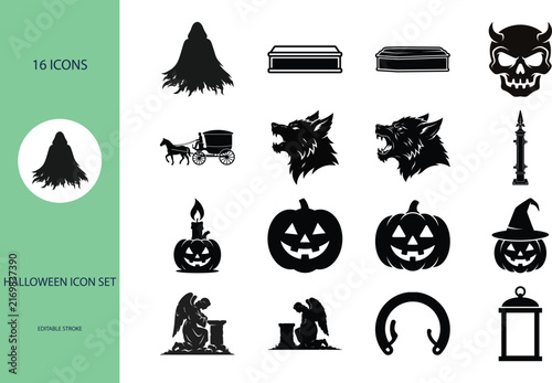 Halloween icon set featuring ghosts pumpkins and spooky creatures flat vector
