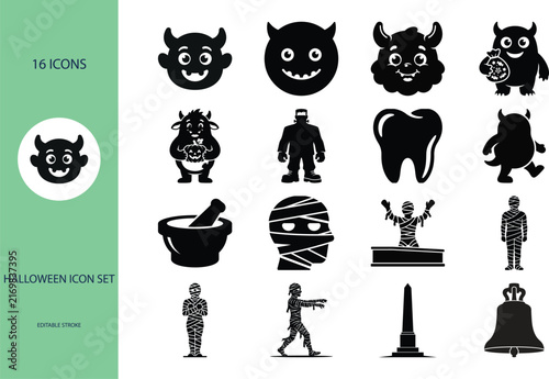 Halloween icon set featuring devil mummy and tombstone vector graphics