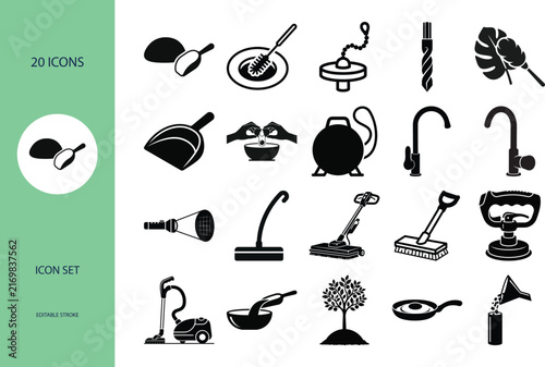 Collection of twenty flat black icons depicting household and garden tools