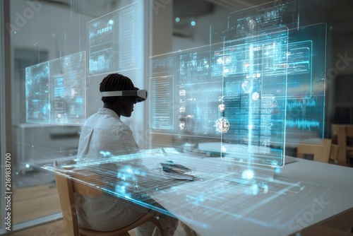 Person Wearing VR Headset Interacting with Glowing Futuristic Holographic Data Interfaces