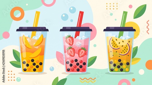 Colorful fruit boba drinks featuring mango, strawberry and passion fruit flavors with tapioca pearls, fruit slices and ice in flat design illustration.