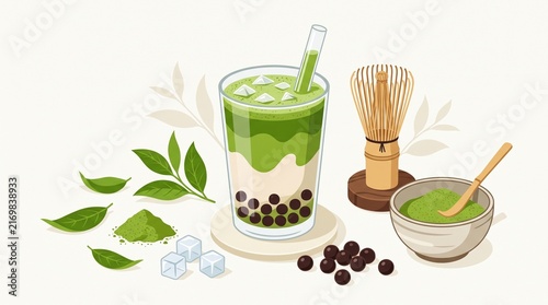 Creamy matcha boba drink with green tea layers and tapioca pearls surrounded by matcha powder and tea accessories in elegant flat design illustration.