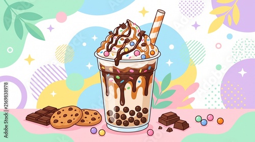 Indulgent dessert boba drink topped with whipped cream, chocolate, caramel and tapioca pearls in a playful colorful flat design illustration.