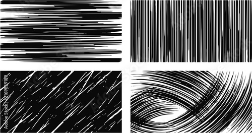 Grunge vector illustration set featuring various abstract patterns of black strokes on a clean white background