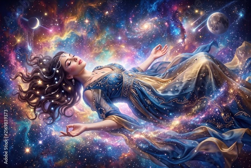 A mystical celestial goddess levitating peacefully amidst a vibrant galactic nebula and sparkling stars