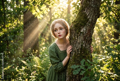 A magical young woman with a puppet face peeks from behind a mossy tree in a sunlit forest.