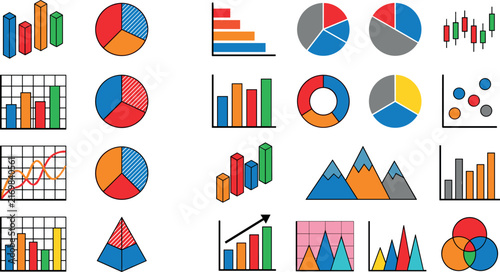 Business Infographic Chart and Graph Icon Set Featuring Bar Pie Candlestick Line and Mountain Diagram Elements for Financial Data Visualization Reports