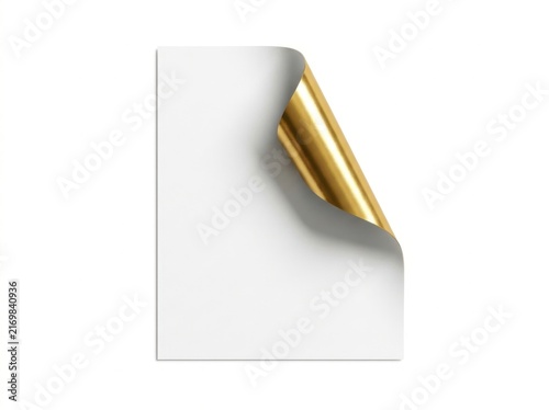 White paper sheet with a curled corner revealing a shiny gold metallic underside isolated on white background