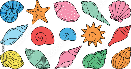 Colorful Seashell and Starfish Vector Icon Set Featuring Various Cute Line Art Ocean Shells for Summer Beach Graphic Design and Pattern Templates