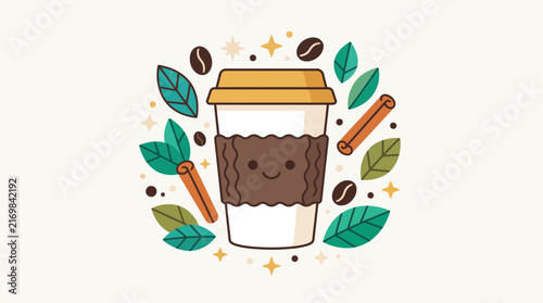 Kawaii coffee cup vector illustration featuring a cute smiling face surrounded by aromatic cinnamon sticks green leaves and roasted brown coffee beans in a clean flat graphic design style aesthetic