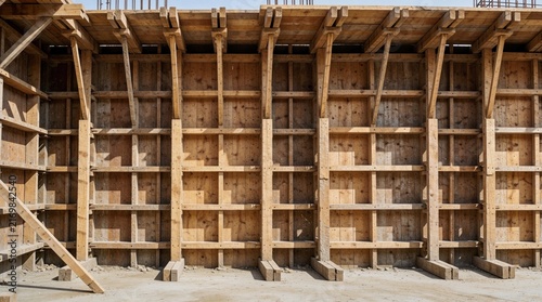 Plakat w ramie Wooden formwork for concrete construction. Timber framework supports building walls. Rough texture of planks forms structure for pouring cement at building site.