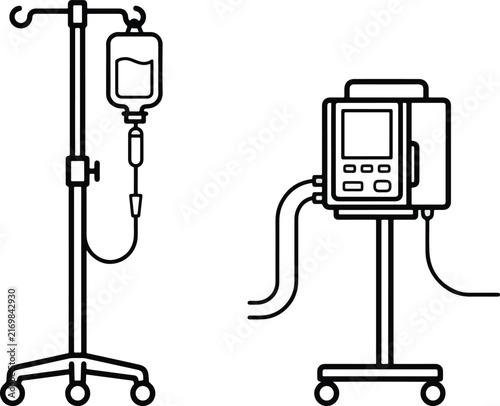 Medical intravenous drip stand and electronic infusion pump device for patient care in a clinical setting representing essential hospital equipment used for therapeutic fluid delivery and