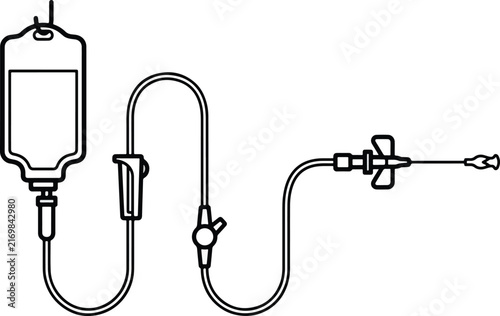 Medical intravenous drip equipment set showing plastic fluid bag connected to long flexible tubing and specialized needle gauge for patient fluid therapy in healthcare settings during hospital
