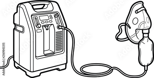 Portable medical oxygen concentrator machine with connected breathing mask and nebulizer therapy equipment for respiratory health care assistance and home use treatment of patients with lung