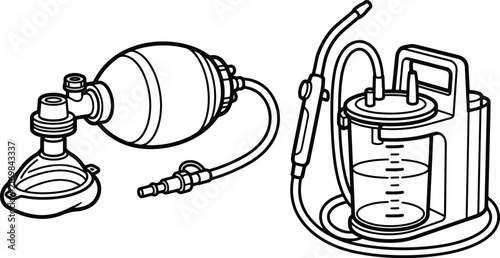 Manual Resuscitation Bag with Face Mask and Portable Electric Suction Device for Emergency Medical Assistance Procedures Used in Healthcare Settings to Provide Critical Respiratory Support for