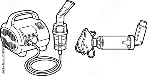 Medical respiratory nebulizer machine and spacer inhaler device used for asthma treatment and breathing therapy for patients requiring medicine delivery systems for lung health and pulmonary