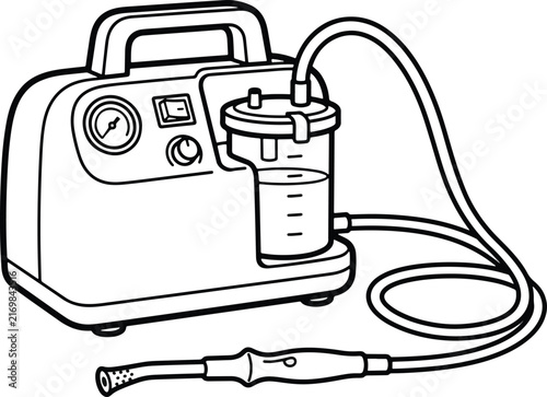 Medical portable suction device for respiratory therapy and clinical patient care featuring a pressure gauge and collection canister for liquid discharge management in a professional healthcare