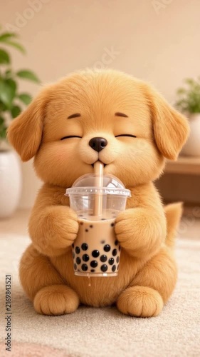 Adorable cartoon-style puppy plush toy holding a cup of bubble tea with straw, cute animal character, indoor home background, playful mascot, cheerful atmosphere