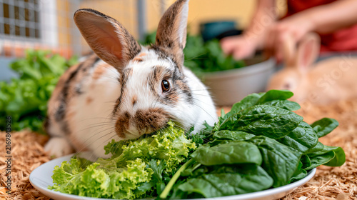 Rabbit eating fresh leafy greens at animal shelter on world animal day, healthy nutrition, pet care, animal welfare and responsible ownership concept