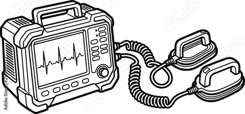 Portable medical cardiac defibrillator machine displaying heart rate rhythm for emergency life saving procedures in hospital settings with professional paddles connected for critical patient