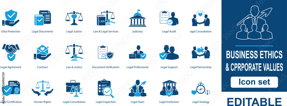 Fototapeta premium Business ethics and corporate values icon set, 21 legal and compliance vector symbols, professional blue law icons for corporate governance