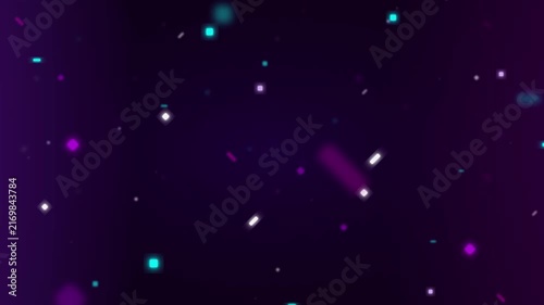 Neon particle motion background: abstract purple and cyan glowing geometric shapes floating