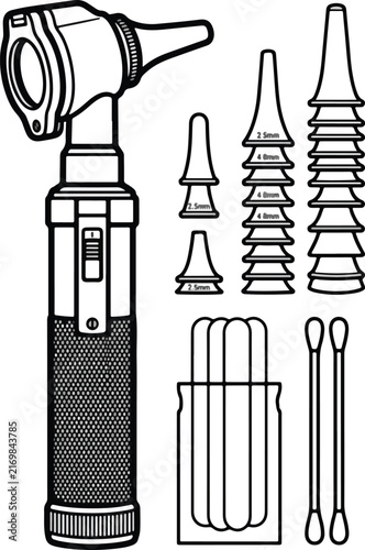 Medical examination kit featuring an otoscope tool along with various disposable plastic ear specula tips and wooden tongue depressors plus cotton swabs for professional healthcare clinical