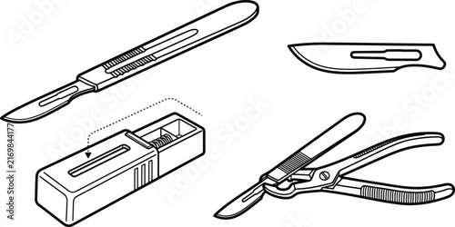 Medical surgical scalpels with sharp blades and metal handles for precision procedures in hospital settings to perform delicate dissections during operations while maintaining safety for health