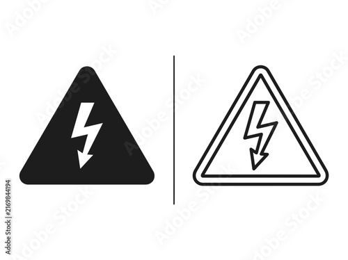 Картината върху платно Outline and black fill icon set showing a high voltage electricity warning trian
