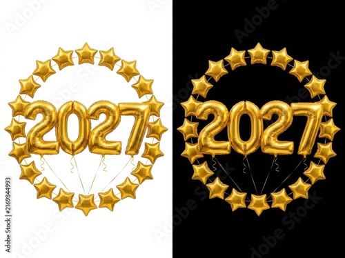 Gold 2027 balloons with star shaped balloons circle frame