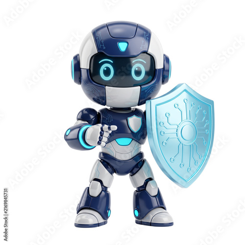 Blue AI robot holding cybersecurity shield