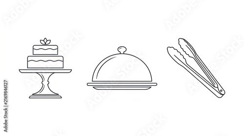 Set of bakery and restaurant icons with cake and tongs