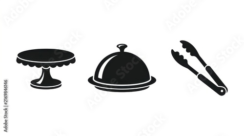 Cake stand, food cloche and kitchen tongs icons
