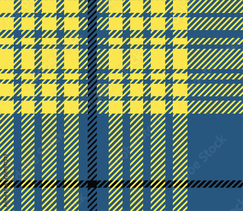 Blue and yellow plaid fabric pattern with intersecting stripes and squares for textile design and apparel manufacturing