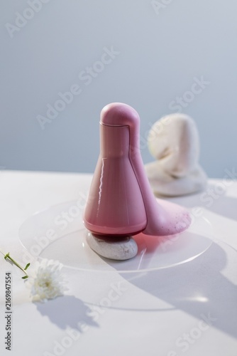 Canvas Print Minimalist Zen Still Life with Pink Product and White Stones