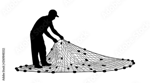 Fisherman Handling Casting Net Black Silhouette fishing