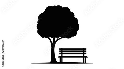 Tree And Park Bench Silhouette Against White Background