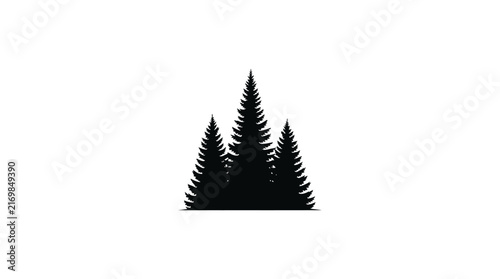 Coniferous Tree Group Silhouette Against White Background