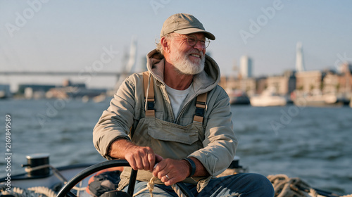 Bargeman steering a flat river vessel through a busy urban waterway, candid unposed moment of a weathered boatman adjusting a rope tie mid maneuver, city bridges and warehouses