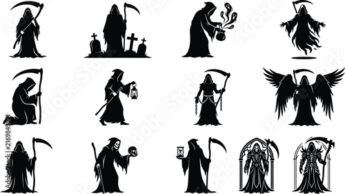 Obraz na płótnie Collection of grim reaper silhouettes for halloween design projects featuring va