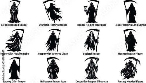Obraz na plátně Collection of grim reaper silhouettes for halloween design projects featuring va
