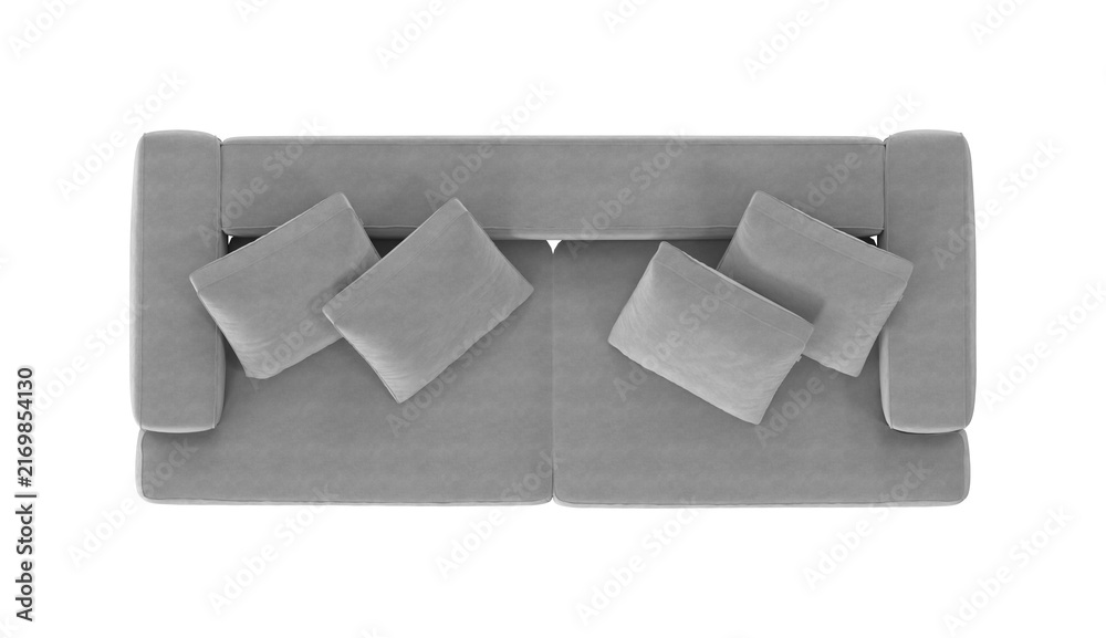 Obraz premium Top view of a modern gray sofa with four plush throw pillows on a white background