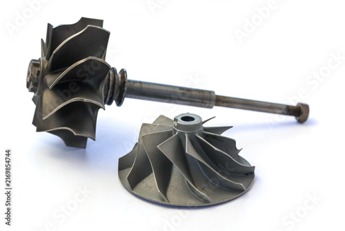 Canvas Print Automotive turbocharger turbine wheel shaft and compressor impeller isolated on white background