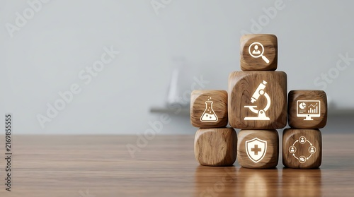 Wooden blocks with medical icons for healthcare research and clinical diagnostics concepts