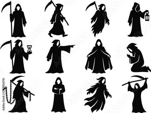 Obraz na plátně Set of grim reaper silhouettes for halloween design elements featuring various p