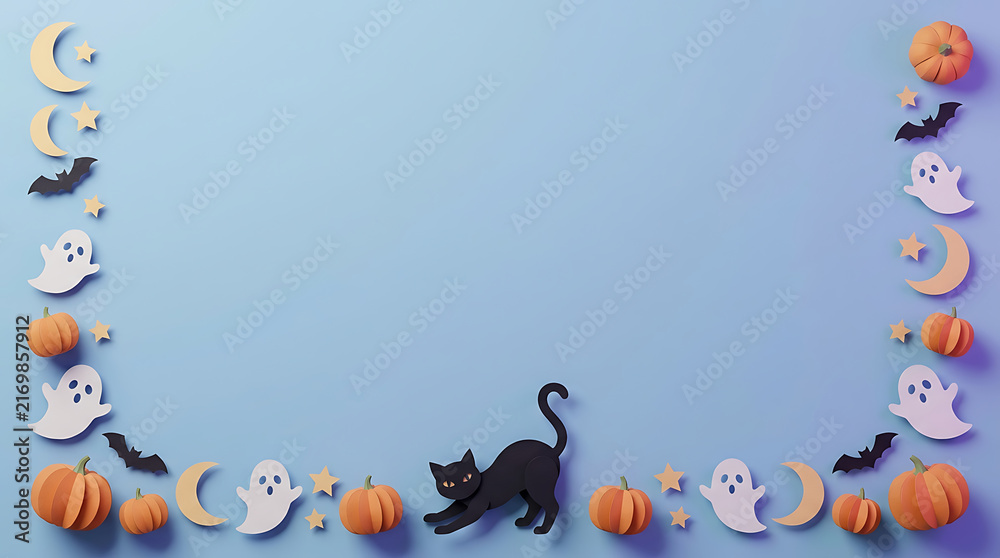 Naklejka premium Black cat stretching amidst Halloween decorations with pumpkins ghosts and moons on a soft blue