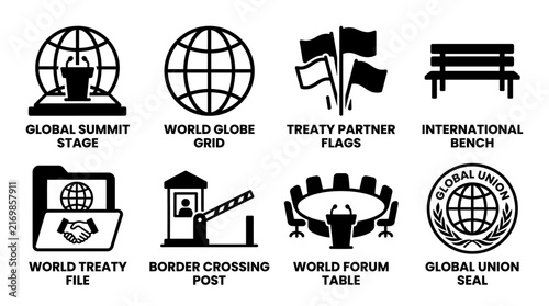 Set of global summit and international treaty icons featuring stage grid flags union seal diplomacy politics collection international agreement crossing silhouette illustration official